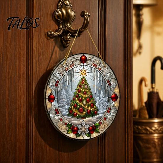 Clear Acrylic Holiday Wall Art Stained Glass Style Window Hanging, Christmas Tree Snow Scene Transparent Hanging Ornaments Suncatcher, Door Home Decor