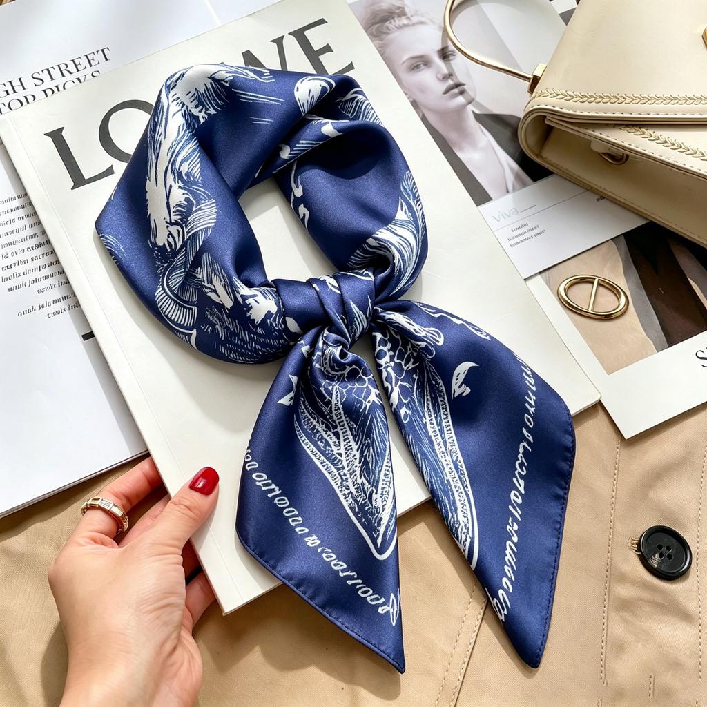 Commuter elegant flower silk scarf women's contrasting color retro printing satin scarf shirt with multi-purpose decorative small scarf