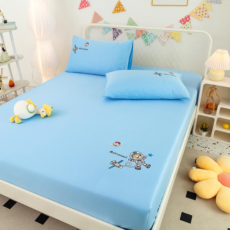 Washable Silk Cartoon Embroidered Bed Skirt & Mattress Protector Pillowcase 48x74cm One Piece