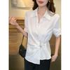 South Korea Dongdaemun Summer New Arrival Work Clothing Business Ol White with Lapel Asymmetrical Short Sleeve Shirt Top Easiest for Match Women