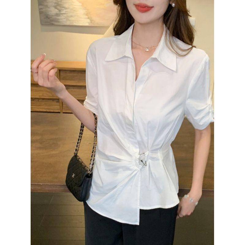 South Korea Dongdaemun Summer New Arrival Work Clothing Business Ol White with Lapel Asymmetrical Short Sleeve Shirt Top Easiest for Match Women
