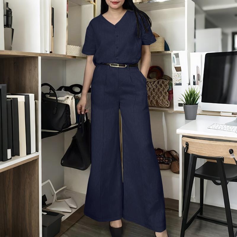 

ZANZEA Женская блузка с коротким рукавом и брюки Летние комплекты-двойки 5XL тёмно-синий