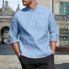 Men's Casual  3/4-Sleeve Shirt - Stand Collar Loose-Fit Breathable Solid Color With Pocket