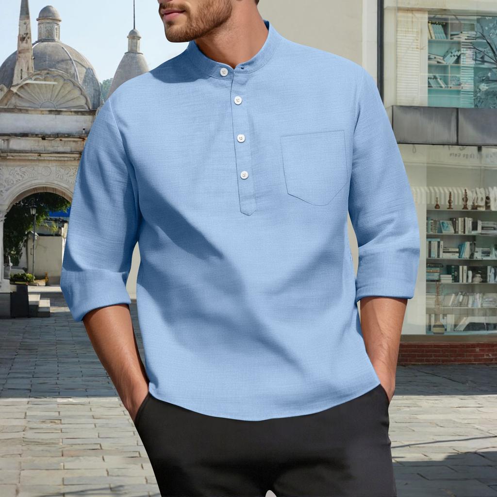 Men's Casual  3/4-Sleeve Shirt - Stand Collar Loose-Fit Breathable Solid Color With Pocket