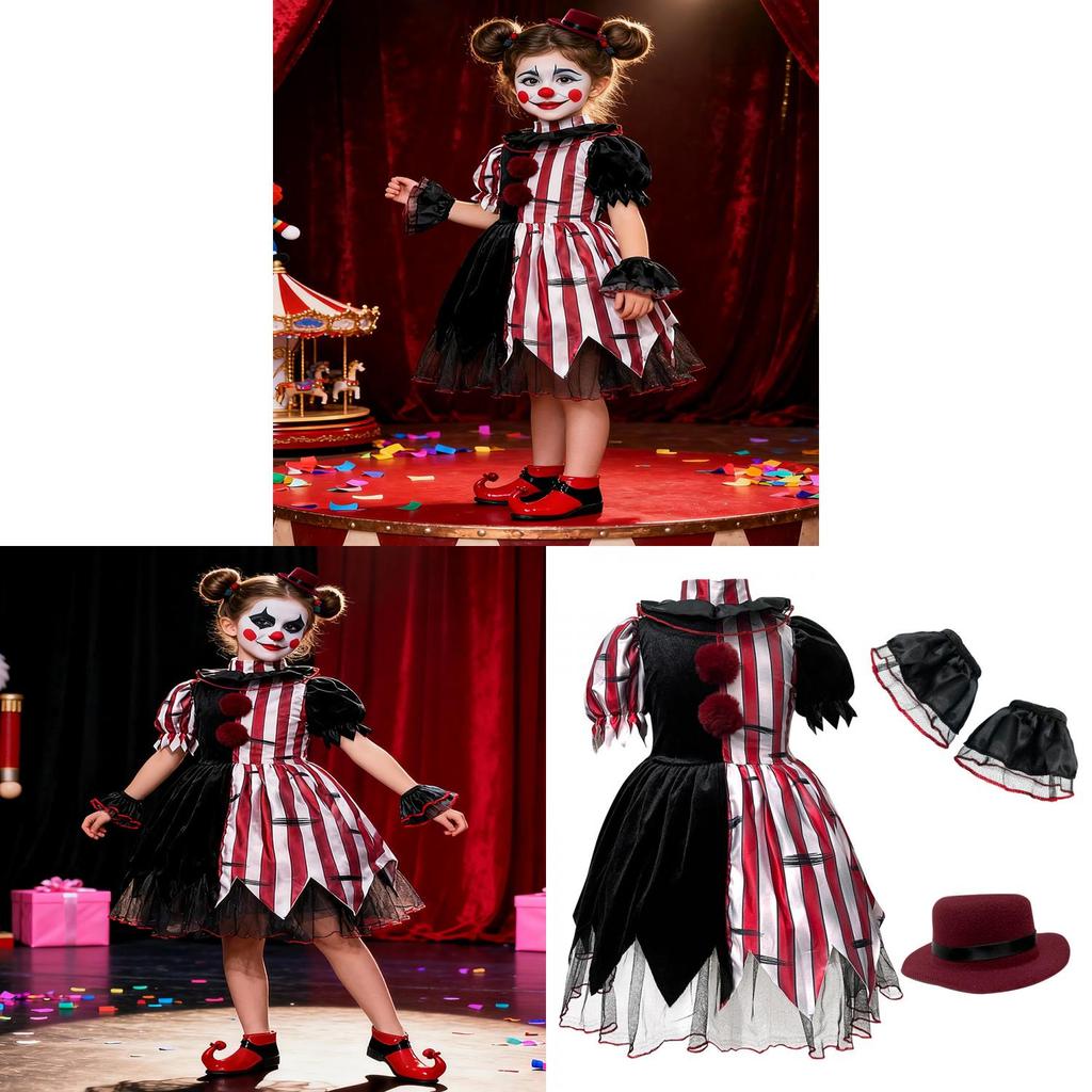 Polyester Halloween Costume For Girls With Clown Mask And Stage Accessories For Kids Halloween Party