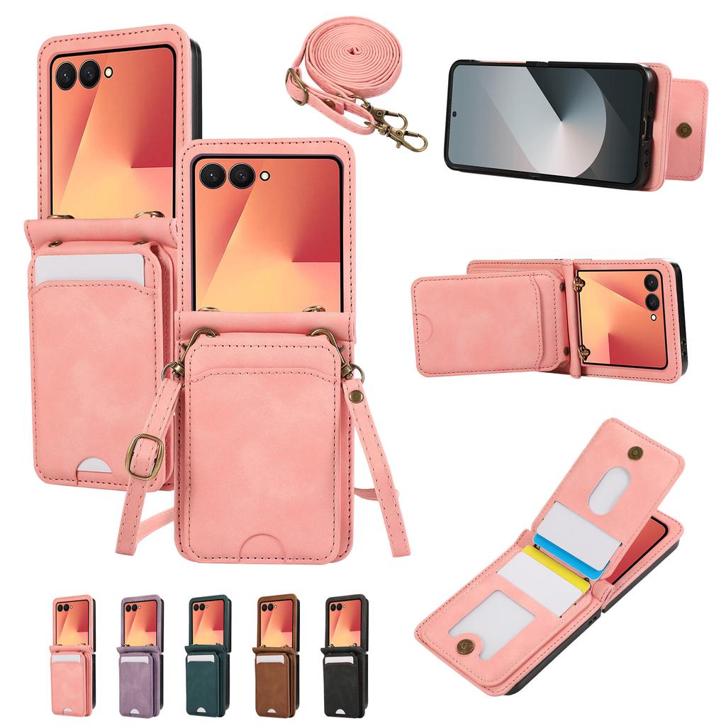 Leather Wallet Card Holder Case for Samsung Galaxy Z Flip 7 FE 6 5 4 3 ZFlip Flip6 Flip5 Flip4 Flip3 Crossbody Lanyard Bag Cover