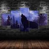 Wolf Howling Blue Moon Silhouette Purple Scene 5 Piece Five Panel Wall Canvas Print Modern Poster Pictures Home Decor Gift For Him For Her