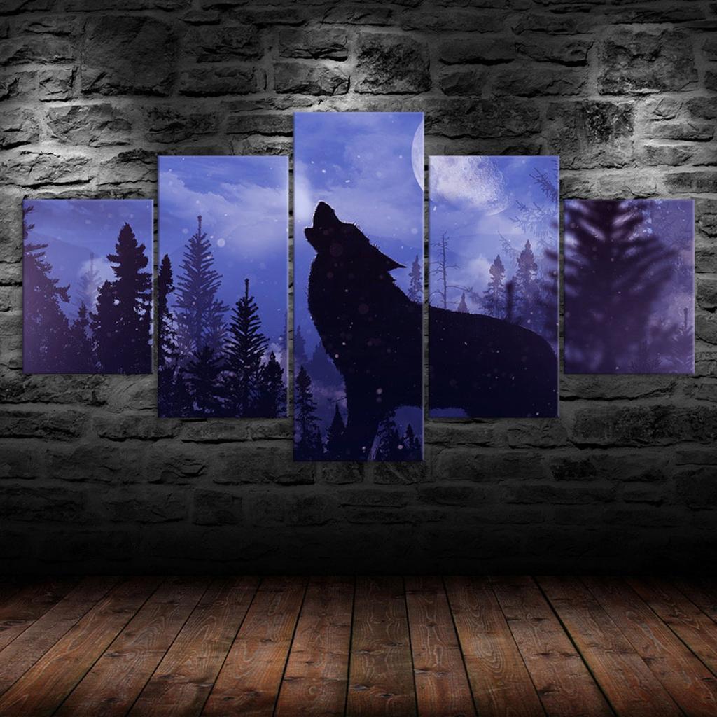 Wolf Howling Blue Moon Silhouette Purple Scene 5 Piece Five Panel Wall Canvas Print Modern Poster Pictures Home Decor Gift For Him For Her
