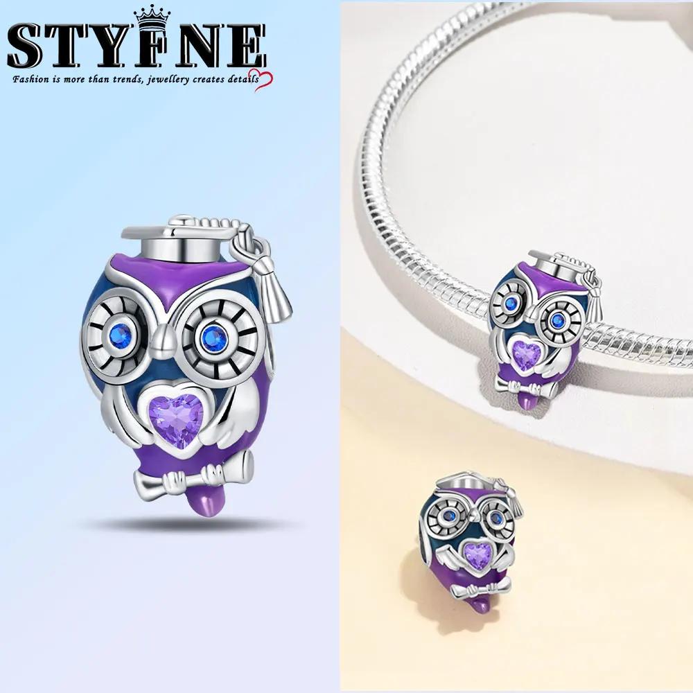 Copper Fashion Purple Owl Charms Beads Owl Safety Chain Fit Original Bracelets Diy Graduation Jewelry Gifts