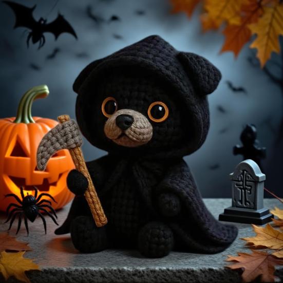 Handmade Crochet Dog Cat Figurine Cute Halloween Knitted Animal with Pumpkin Emotional Support Gift for Dog Cat Lovers
