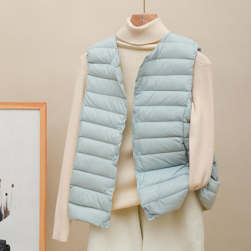 Women's Lightweight Down Vest: 90% Down, Collarless, Round Neck, Thin Style for Middle-Aged and Elderly.