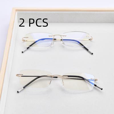 2PCS Suit Elegant Rimless Reading Glasses Anti-Fatigue Prescription +100 To +400 Black Rectangular EyeglassFrame Blue Light Blocking