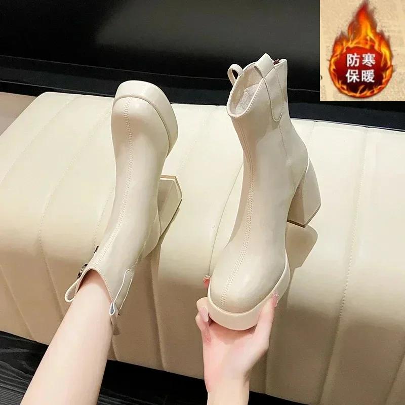 Fashion High Heels Women Ankle Boots Square Toe Fashion Leather Shoes Winter 2024 Trend Designer Goth Chunky Luxury Snow Botas Mujer