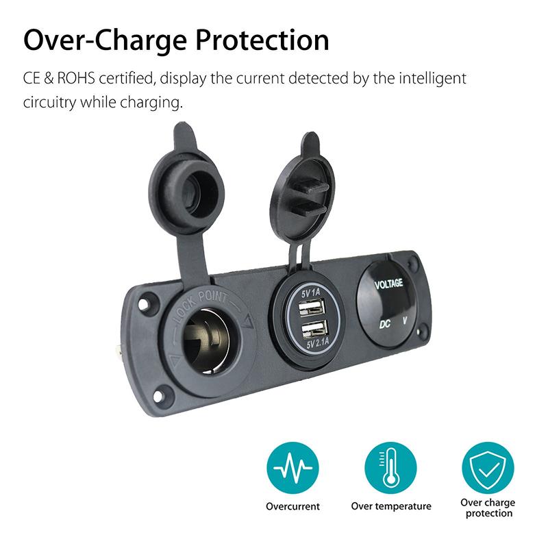 3 in 1 Panel 12V 3.1A Dual USB Car Charger Socket Power Outlet LED Voltmeter Cigarette Lighter Socket Adapter for Truck Boat RV