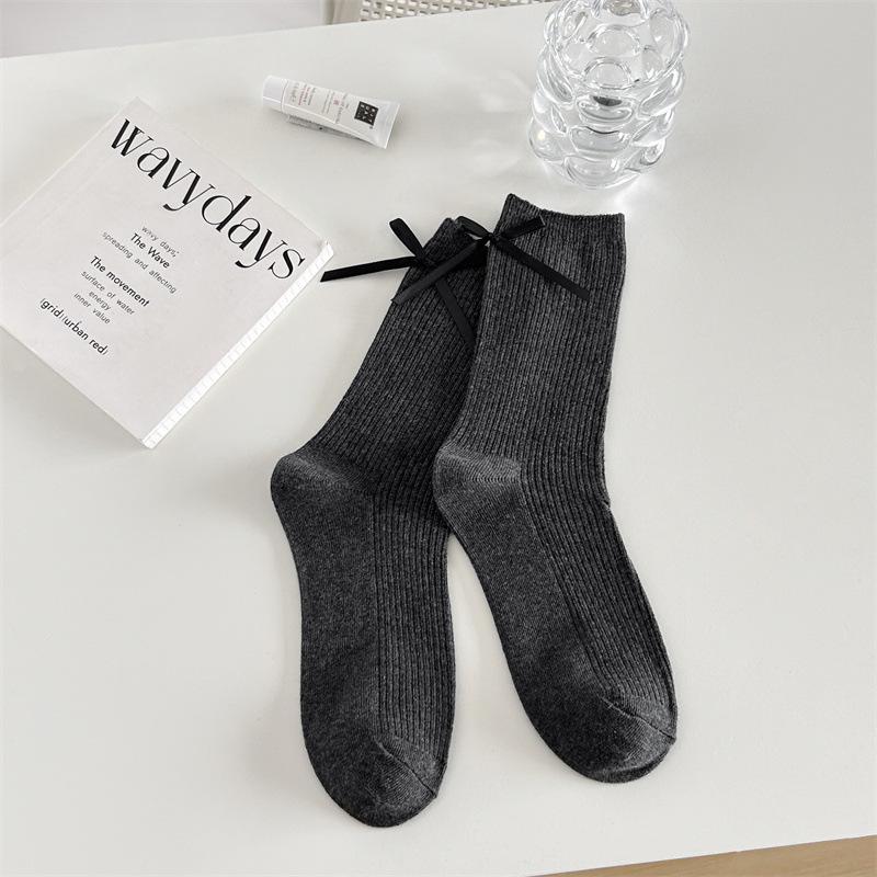 Socks Women'S Solid Color Bow Women'S Socks Double Needle Draw Strips Versatile Stack Of Socks Trendy Gray Socks