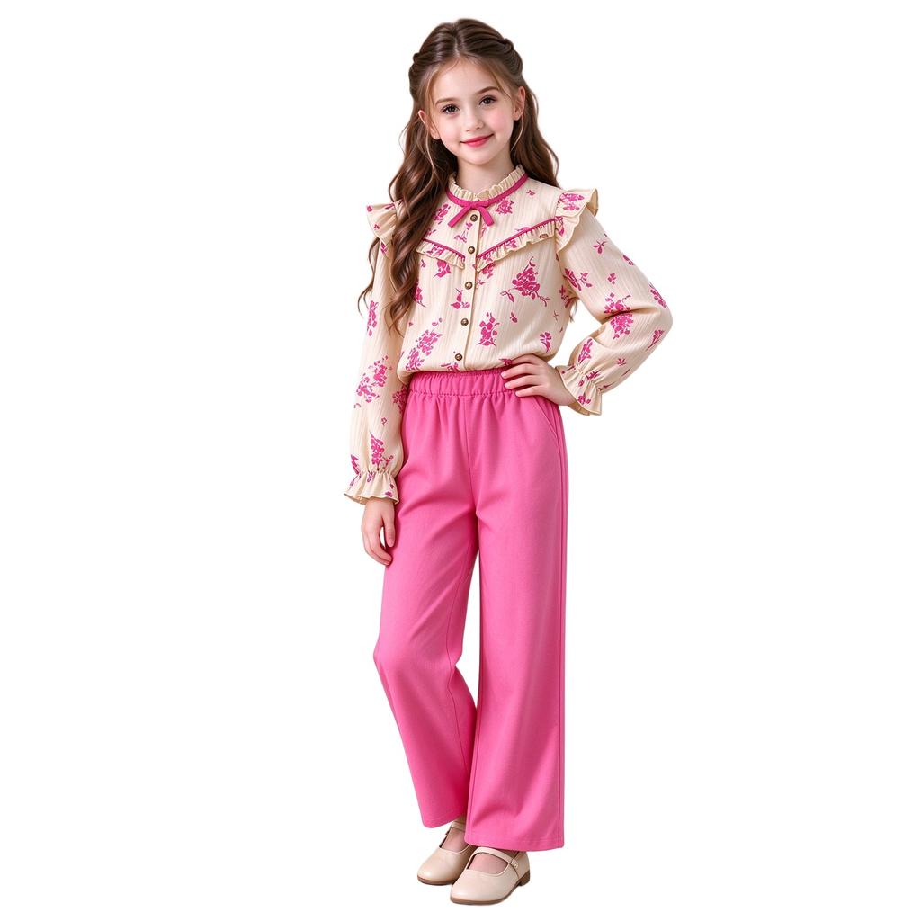 Girls' 2-Piece Outfit Set, Casual Printed Lace-Trim Long Sleeve Shirt and Wide Leg Pants for Everyday Wear
