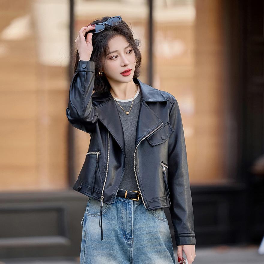 

Весенняя новая кожаная куртка женская короткая мотоциклетная одежда повседневная маленькая кожаная весенне-осенняя кожаная куртка 2XL чёрный