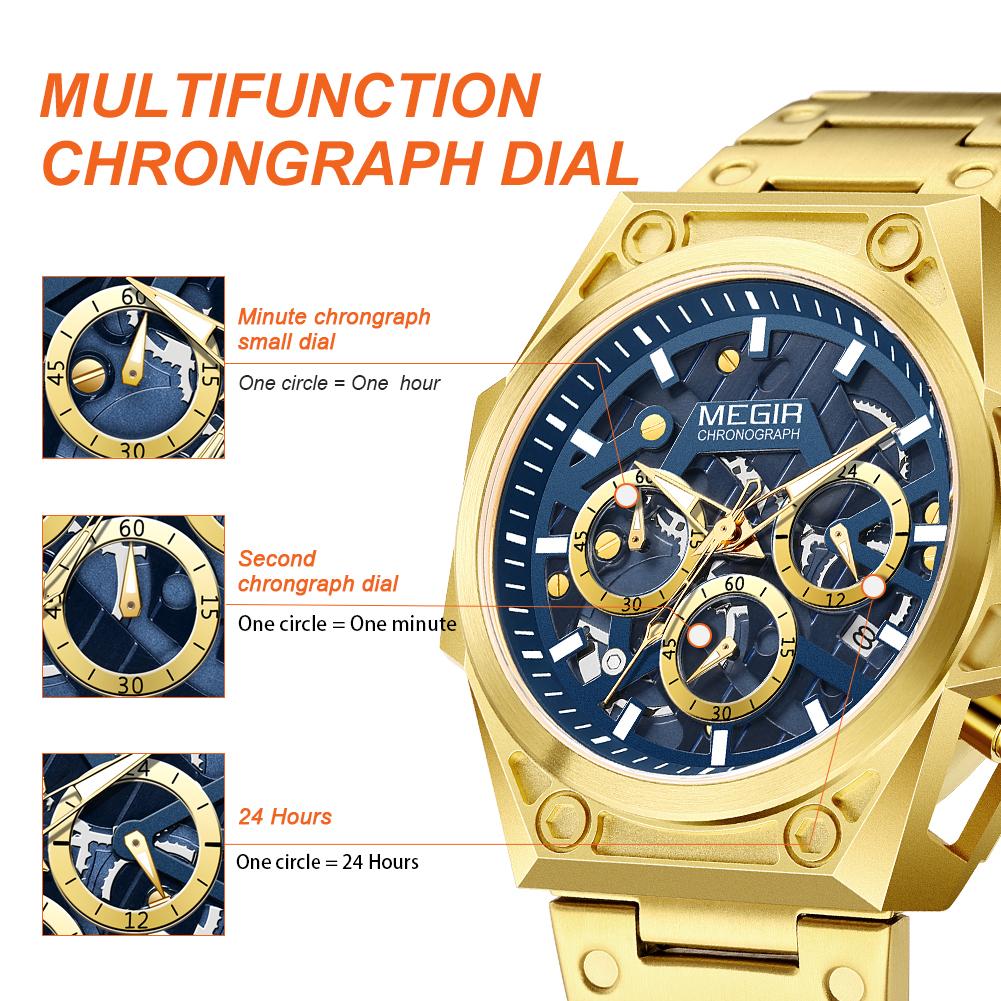 Megir Ceasuri de Marcă pentru Bărbați Oțel Inoxidabil Business Ceas de Mână Quartz Luminos Cadran Mare Ceas Cronograf 5ATM Rezistent la Apă 4220