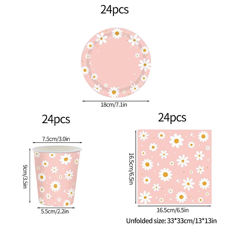 24pcs 7/9inch Pink Daisy Theme Disposable Tableware Flower Plate Napkin Straws Banner Birthday Party Baby Shower Wedding Decor