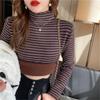 Autumn and winter new warm thickened knitted bottoming shirt women's stripe versatile integrated velvet semi-turtleneck pullover sweater inner
