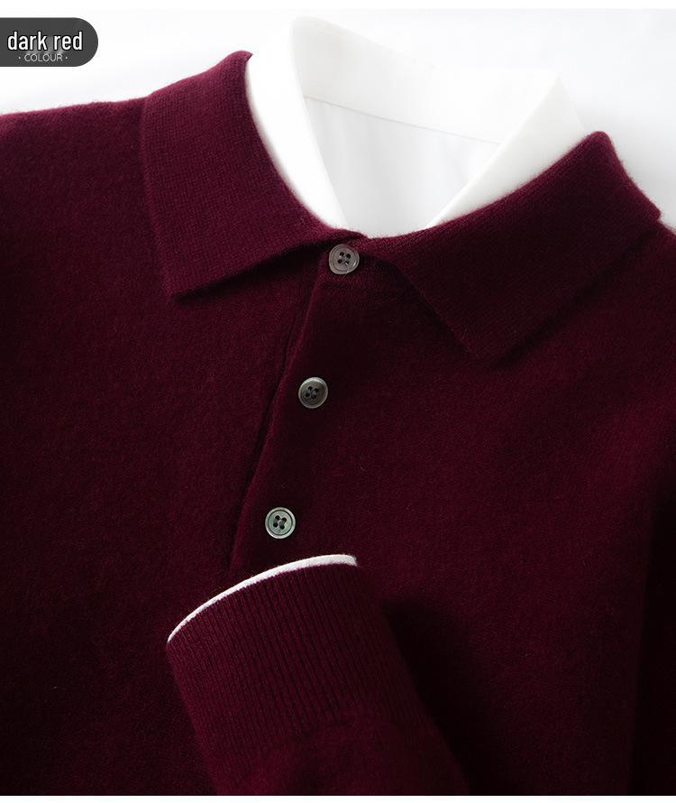 Men's Cashmere Polo Collar Sweater, Solid Color Knitwear, Long Sleeve Button-Up Pullover for Autumn/Winter