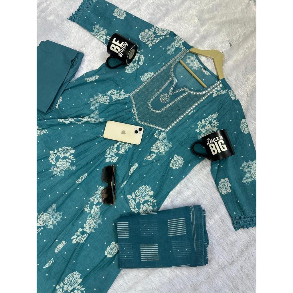Bellissimo Anarkali Kurta Pakistano in Cotone Completo Kurta Pantaloni da Donna Indiani