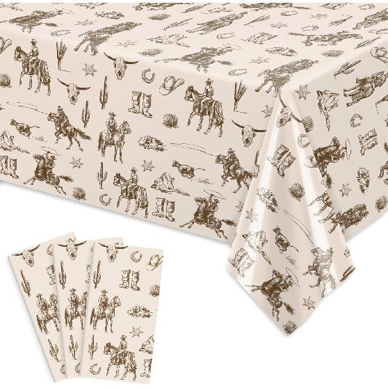 6Pcs Western Cowboy Rectangle Tablecloth Brown Wild West Rodeo Plastic Disposable Table Cover for Farmhouse Baby Shower Birthday Picnic, 54 x 108 3