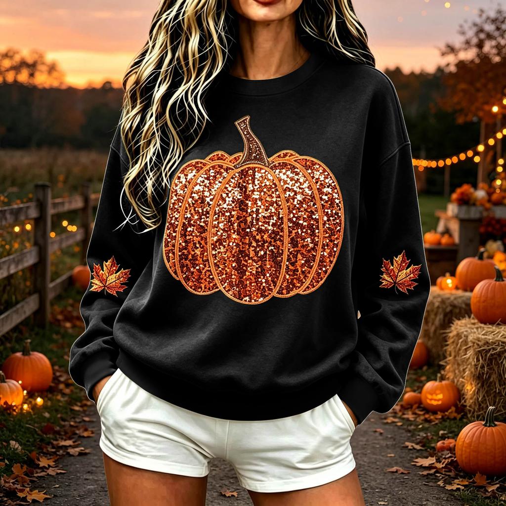 Women's Casual Neck Halloween Top with Sequin Pumpkin Print, Festive Holiday Shirt