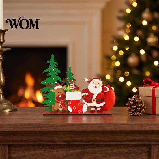 Rustic Wooden Cabin Decor Christmas Ornaments, Tabletop Decoration with Santa Claus Snowman Elk Window Display Props Designs for Home Holiday