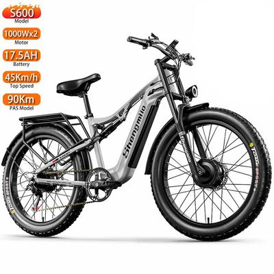 Electric Bicycle Shengmilo 26" 1000Wx2 Motor Full Suspension 48V 17.5AH Adult Ebike Top Speed 45Km/h 7 Speed Grey S600