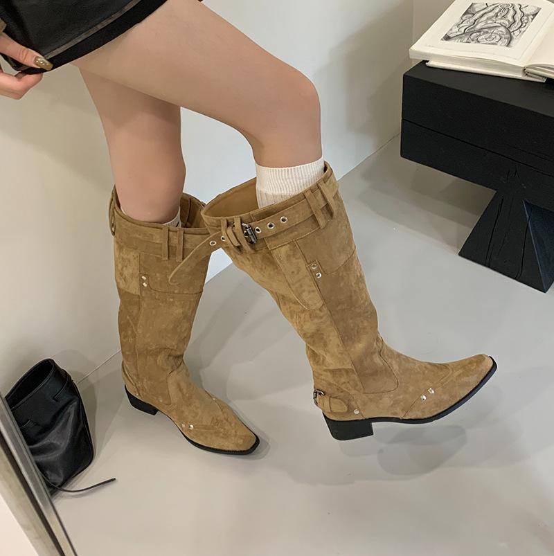 2025 new big tube around long boots for women but knee thick heel thin pointed autumn and winter retro style