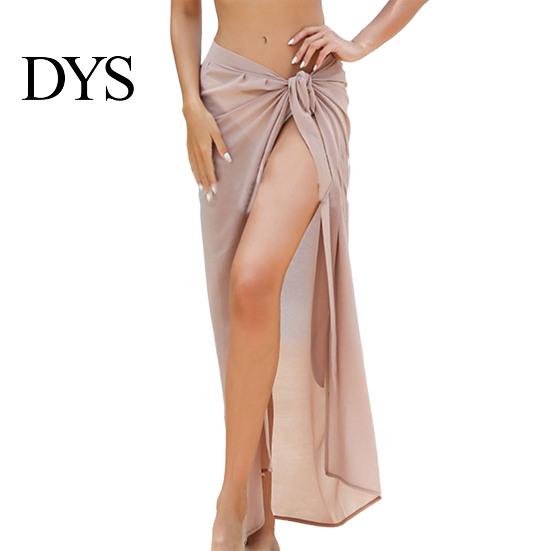 Summer Beach Skirt Women Lace-up Solid Color See-through Thin Flowy Quick-Drying Sun Protection Bikini Cover Up Elastic Waist
