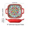 Hand-painted Bohemian Ceramic Baking Dish Square with Handles For Pasta and Desserts Suitable for Oven and Microwave.