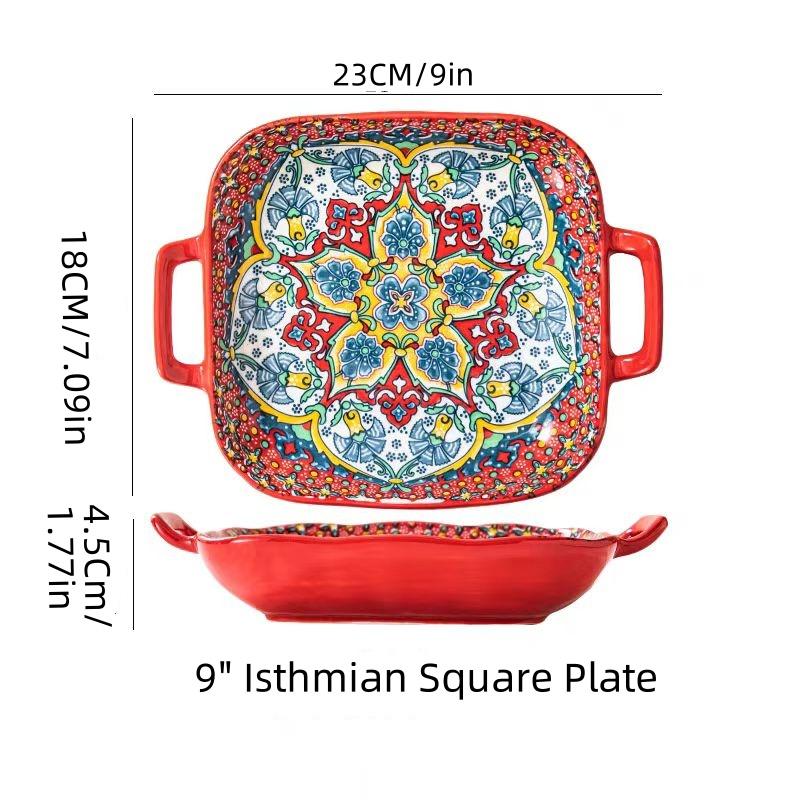 Hand-painted Bohemian Ceramic Baking Dish Square with Handles For Pasta and Desserts Suitable for Oven and Microwave.