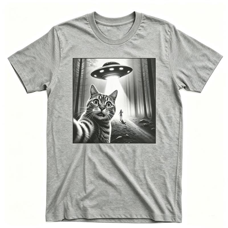 Cat Selfie Ufo Abduction Shirt Funny Alien Spaceship Novelty Vintage Graphic Tee Vintage Unisex Crew Neck Casual Short Tops