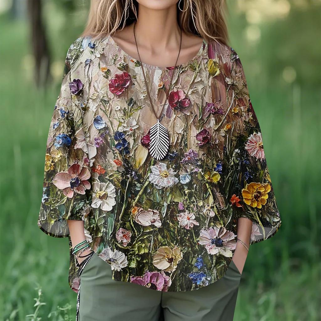 Summer Tops For Women Cute V Neck 3/4 Sleeve Blouses Floral Print Top Casual Shirts