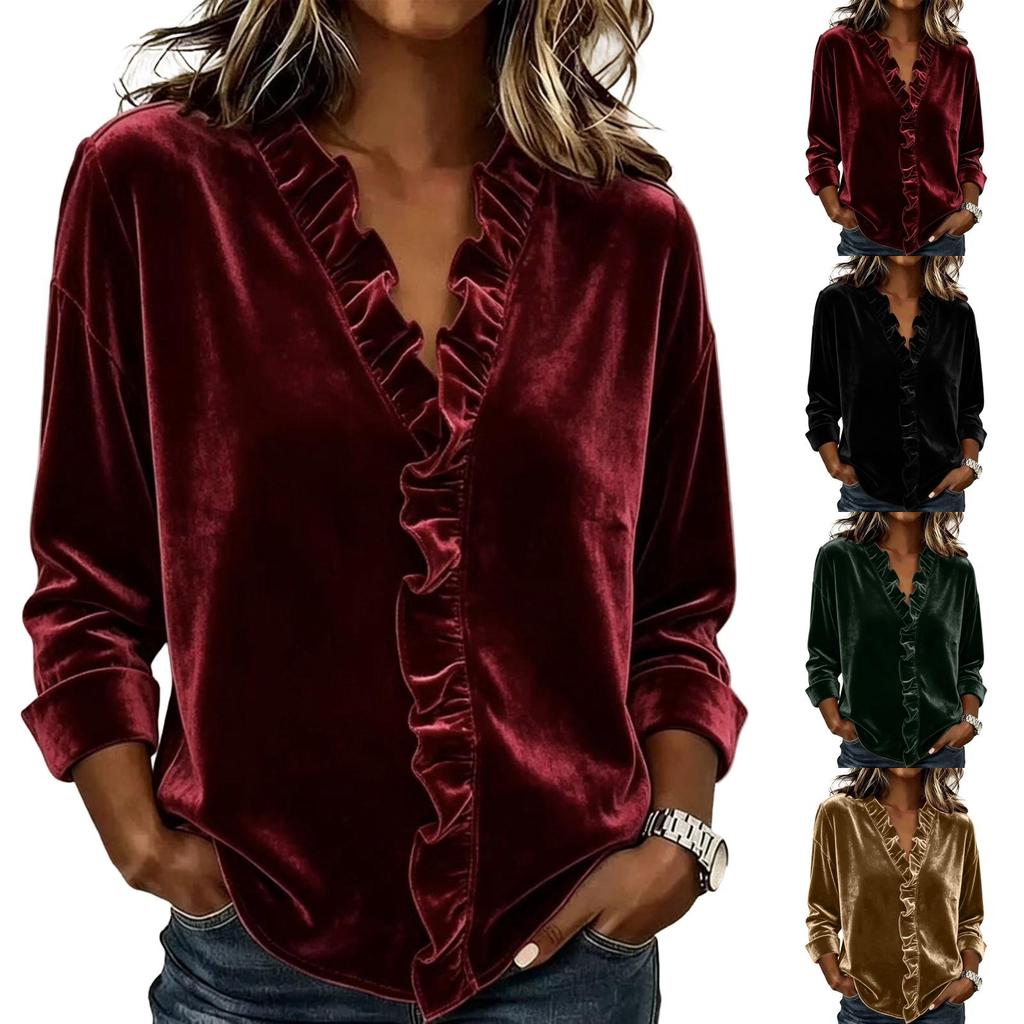 Women's Velvet Long Sleeve Color Top with Ruffle Trim Blouse for Casual Everyday Wear
