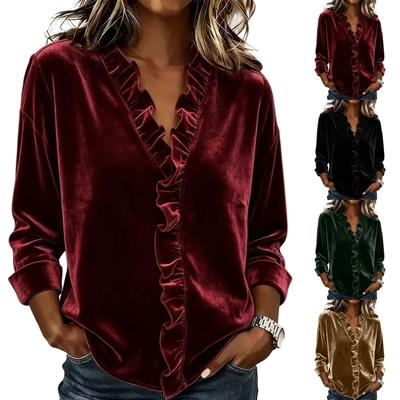 Women's Velvet Long Sleeve Color Top with Ruffle Trim Blouse for Casual Everyday Wear