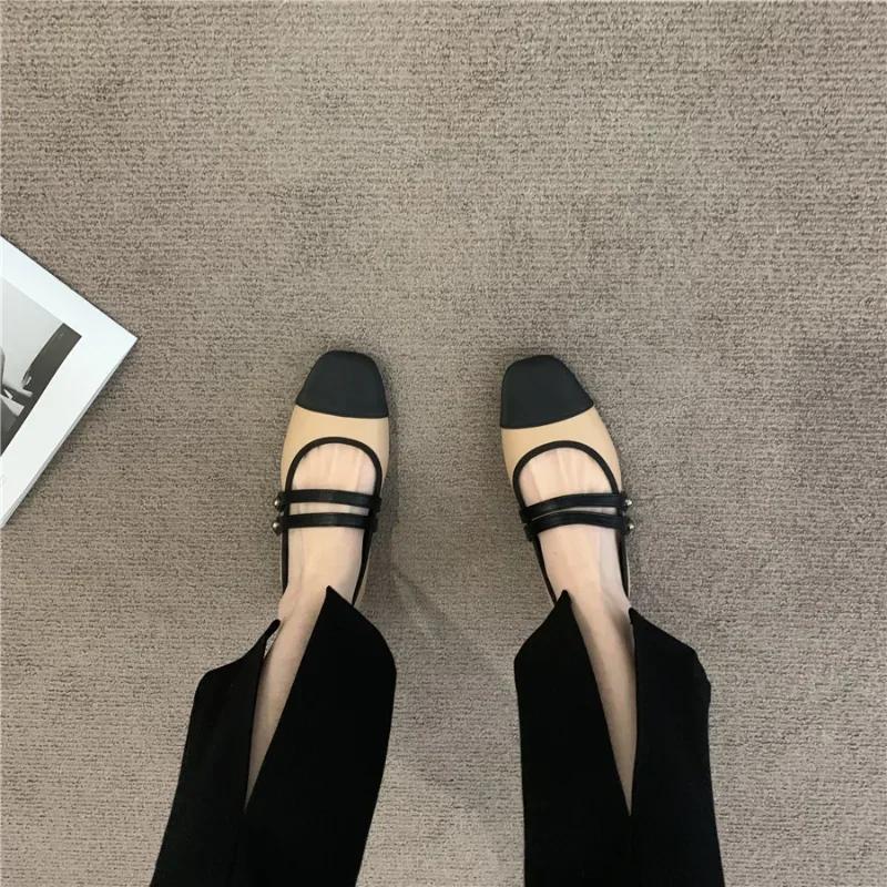 New Women's Flats Patchwork Double Buckle Shoes Black Toe Leather  For Female Spring Autumn Zapatos Mujer