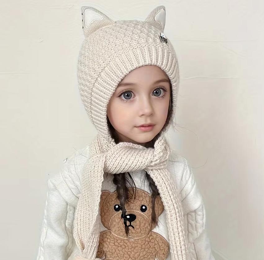 1 Stück Bezaubernde Katzenohren Warme Mütze für Kinder - Gemütliche Strick Kapuzen Umhang Stretch Passform Herbst/Winter Outdoor-Aktivitäten für 8-12 Jahre Katzenmütze