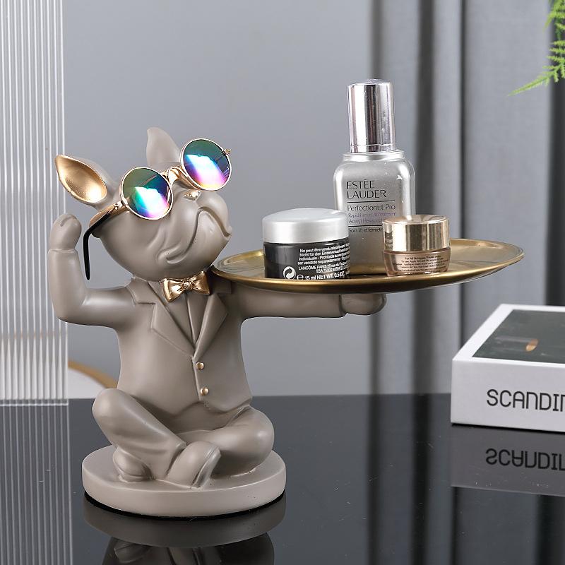 Nordic French Bulldog Butler Resin Dog Sculpture with Glasses Modern Home Decor for Tabletop Living Room Animal Crafts Ornament
