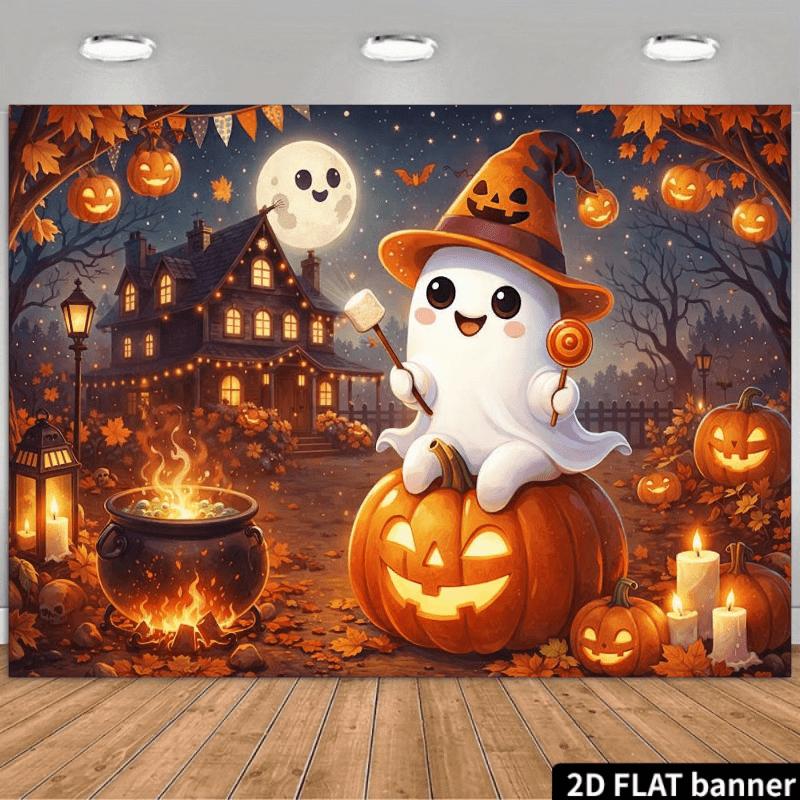 2D Flat Banner - Black Bat Theme Halloween Background Fabric with two white ghosts in the center of the picture.PMJ