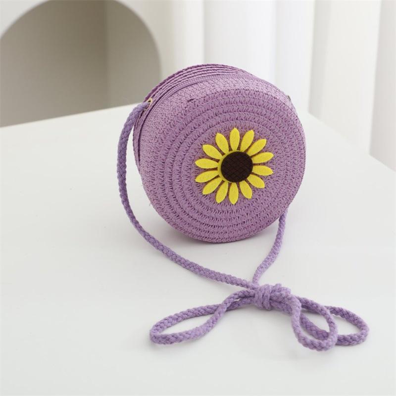 Summer Solid Color Straw Bag Shoulder Messenger Round Bag Children Versatile Outing Beach Bag Light Board DIY Round Weaving