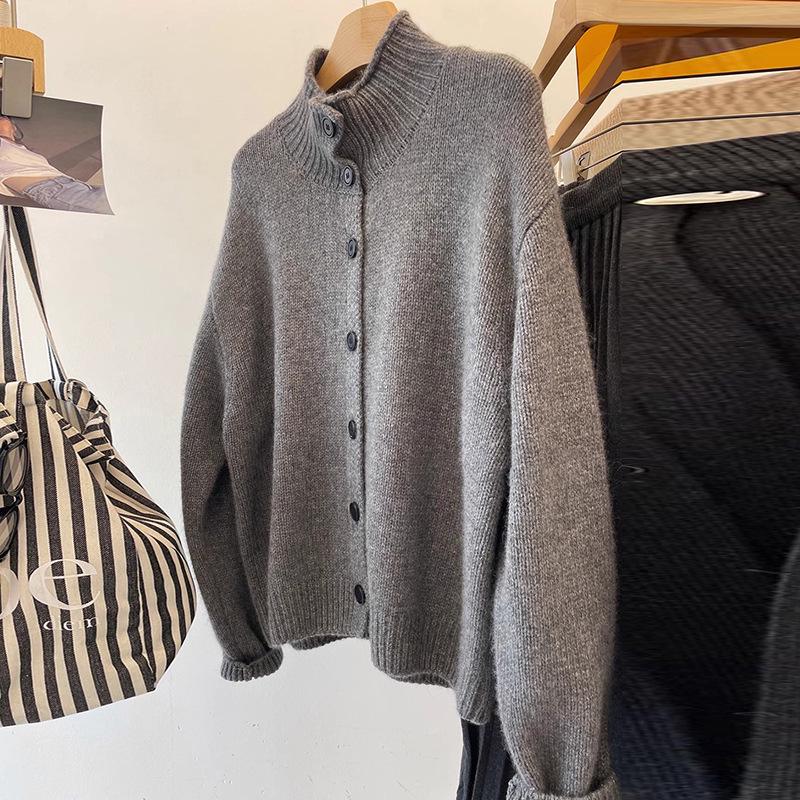 2025 Autumn/Winter Women's 100% Pure Wool High Neck Cardigan - Solid Color, Long Sleeve, Buttoned Wool Knit Sweater.
