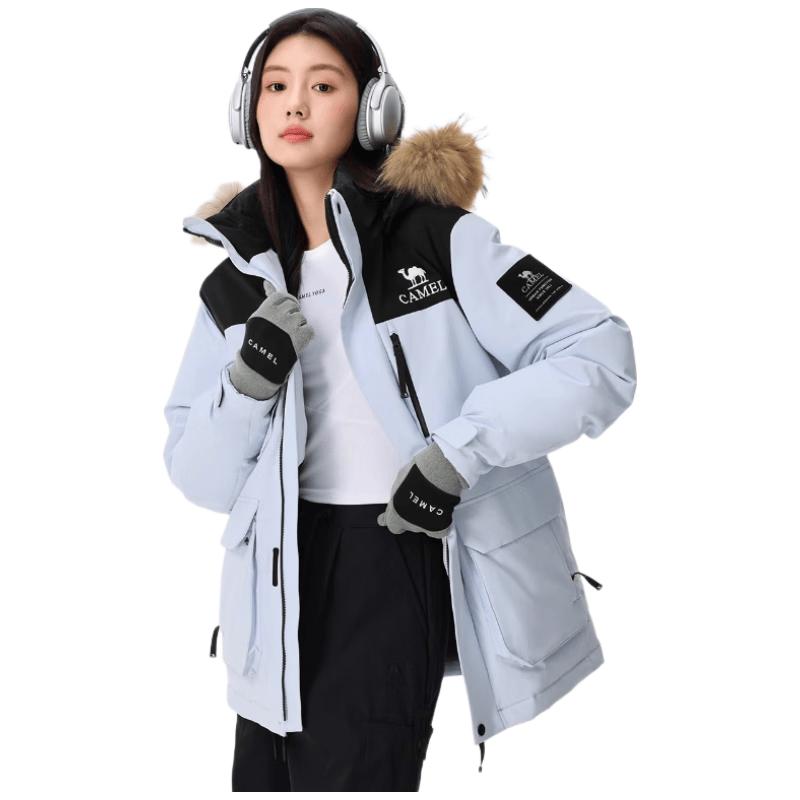 Camel Unisex Warm Down Parka with Raccoon Fur Collar 3XL
