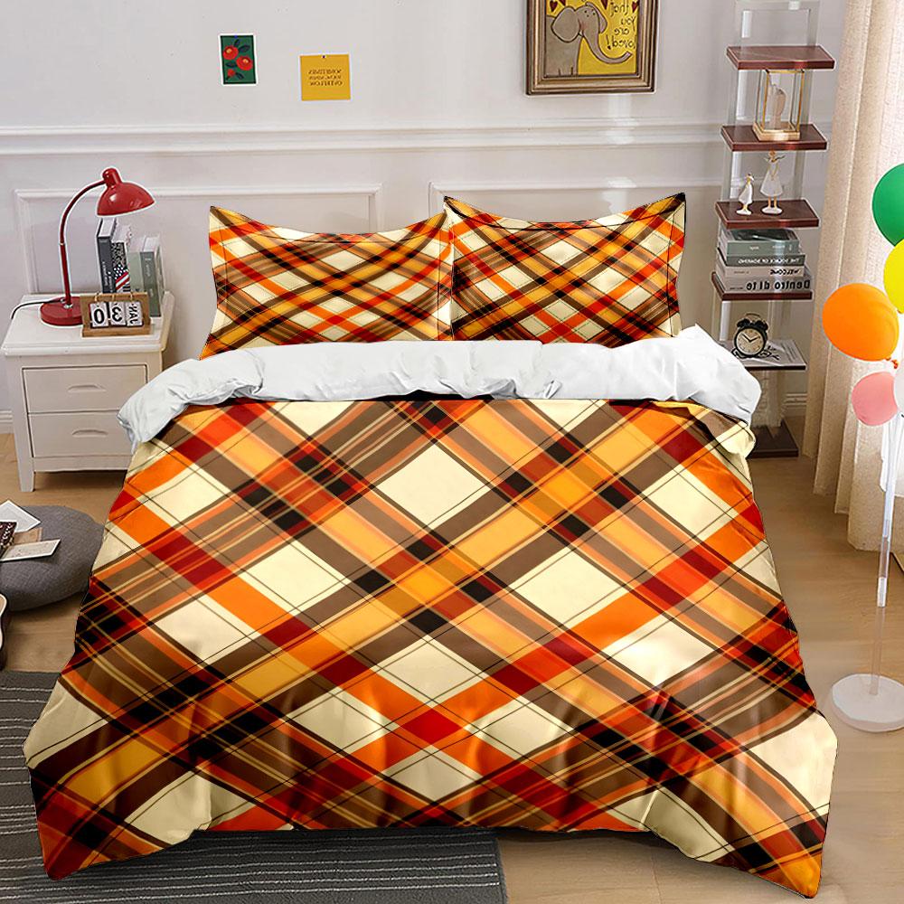 3Pcs Autumn Plaid Bedding Set, Warm Orange and Brown Tartan Print Duvet Cover + 2 Pillowcases, Fall Season Decor