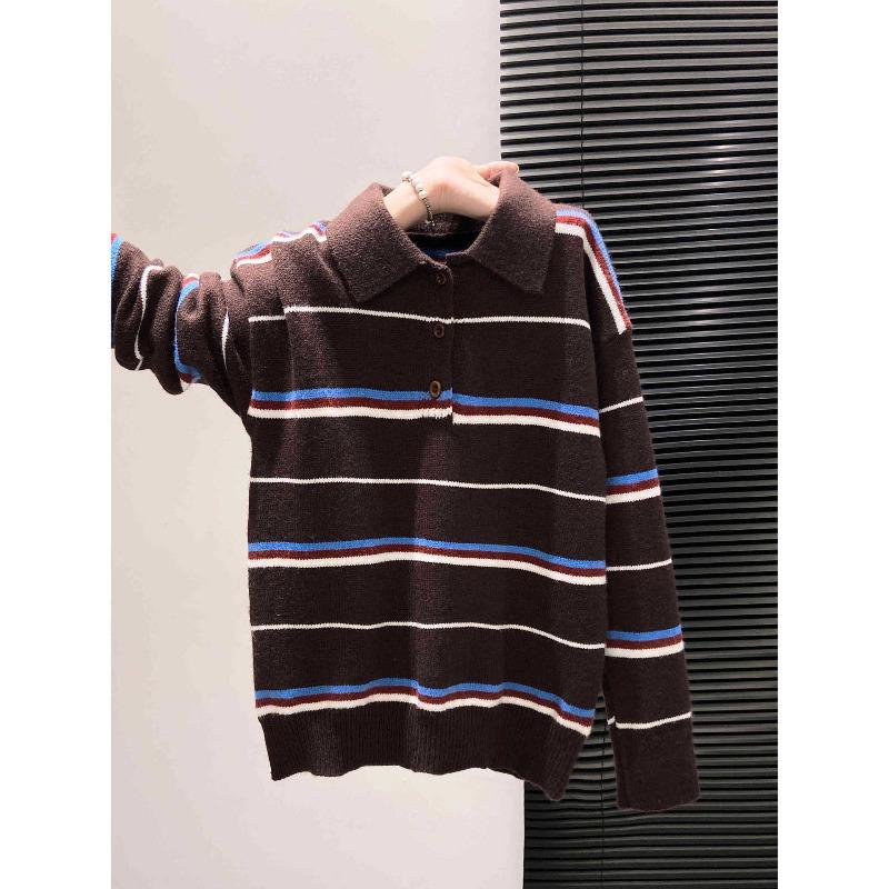 British college style contrasting striped knitted long-sleeved women's autumn and winter retro button-up olo shirt lapel bottoming top