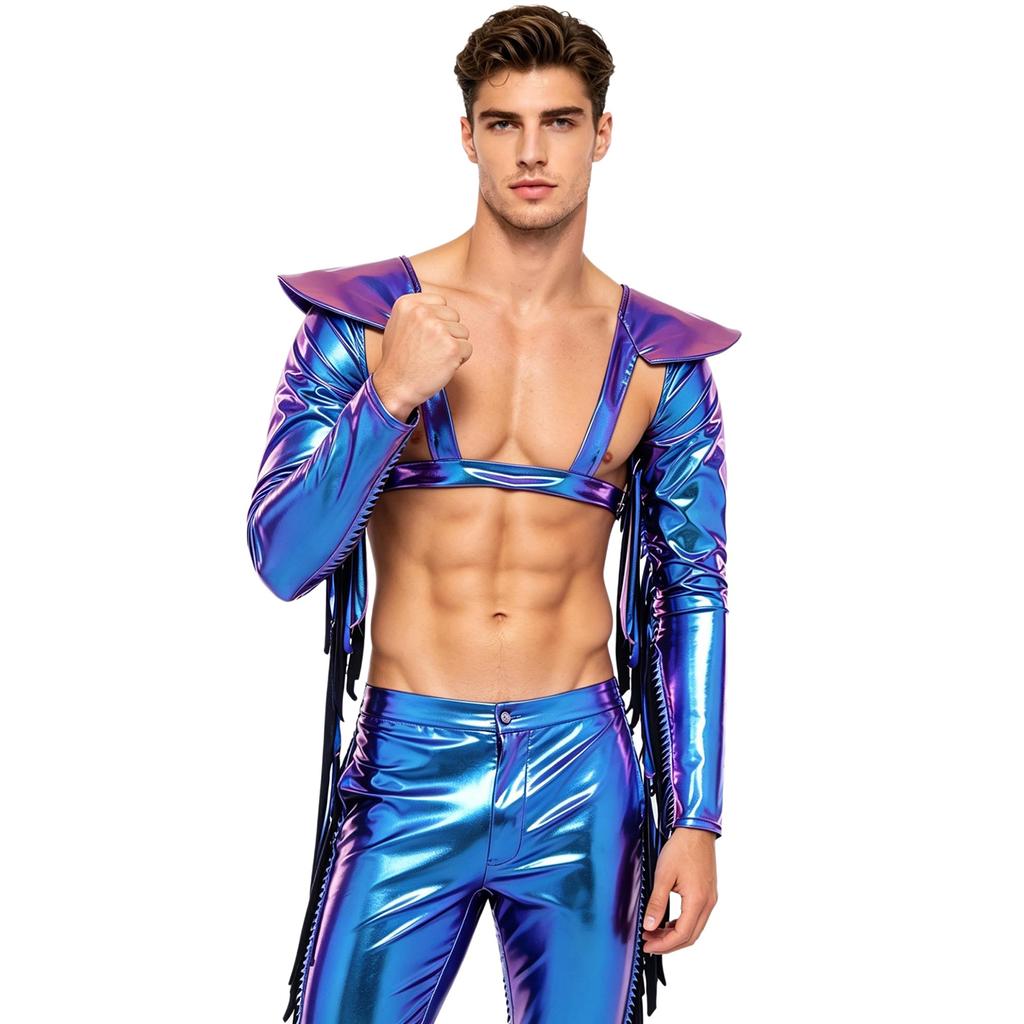 M-3XL Men Metallic Shiny Fringed Arm Sleeves Long Sleeve with Tassels Structured Epaulet Adjustable Chest Harness Club Party Crop Top