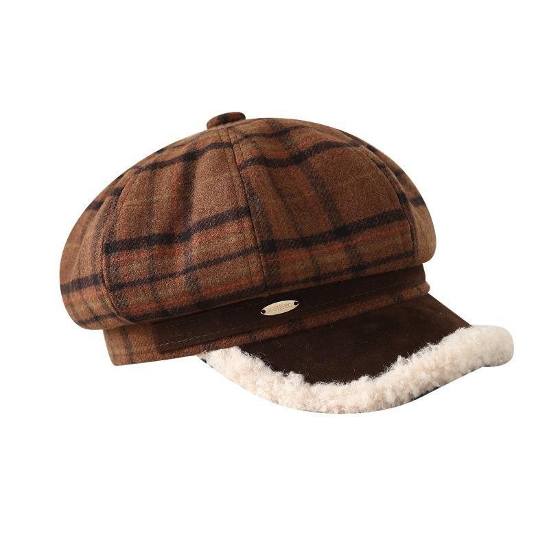 New Lamb Wool Fashion Octagonal Hat Women's Warm and Cold-proof Cap Retro Plaid Newsboy Hat Winter