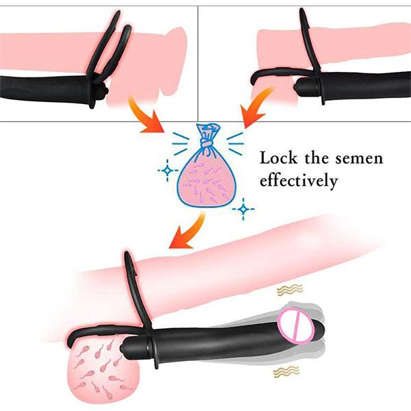 Vibrační dildo s dvojitou penetrací a kroužky na penis Strap-on vibrátor s dvojitou penetrací a kroužky na penis pro muže